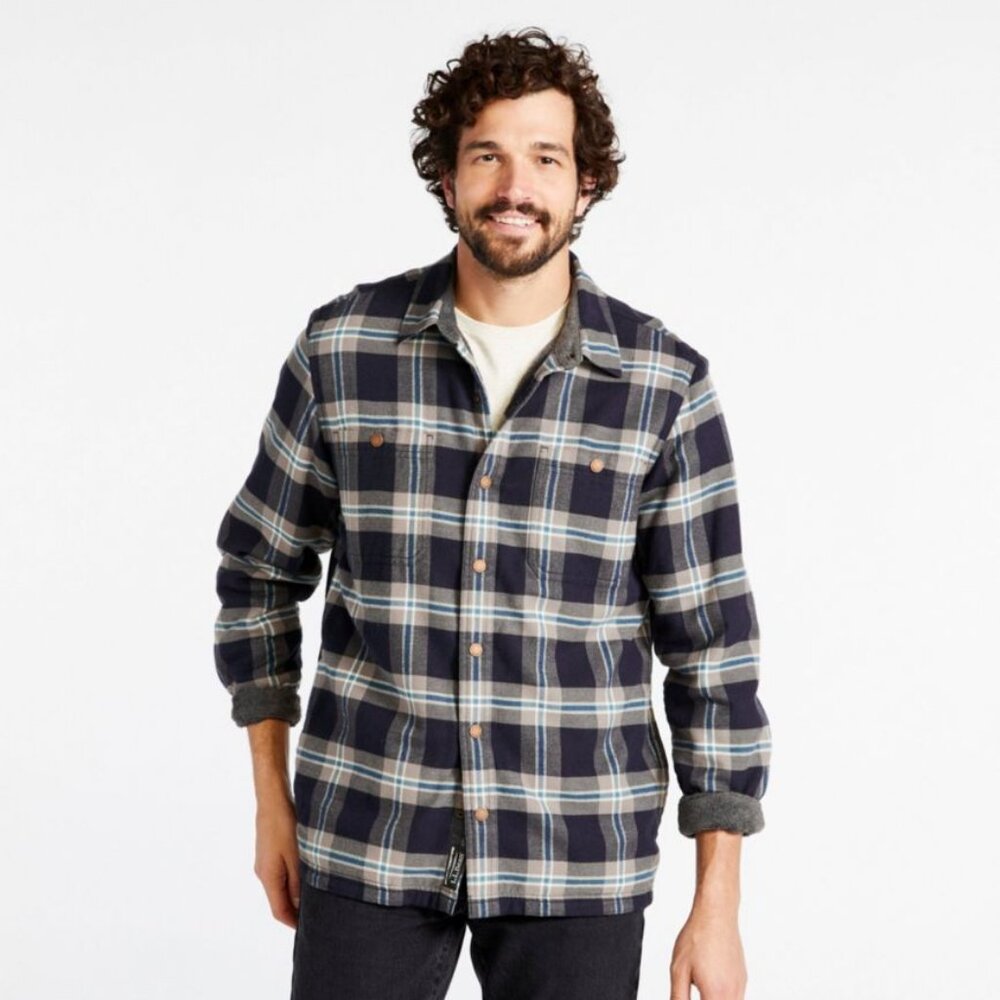 *NWT L.L. Bean Men's Fleece-Lined Flannel Shirt Jacket - Grey/Navy